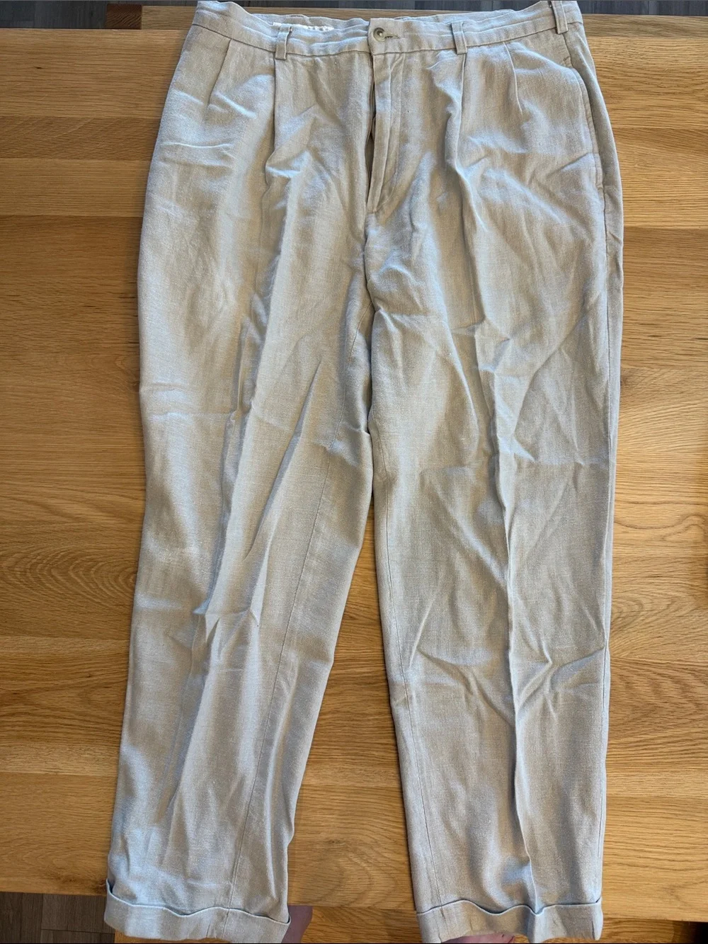 Beige Linen Blend Men's Pleated Dress Pants